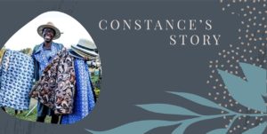 Decorative text reads, "Constance's story." Constance stands holding her blankets.